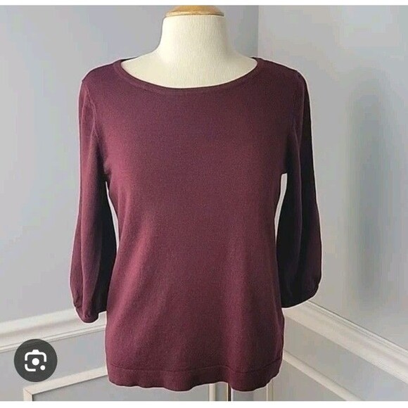 Talbots Sweater Boat neck 3/4 Slit Sleeve Maroon Pure Merino Wool Large - Picture 4 of 7